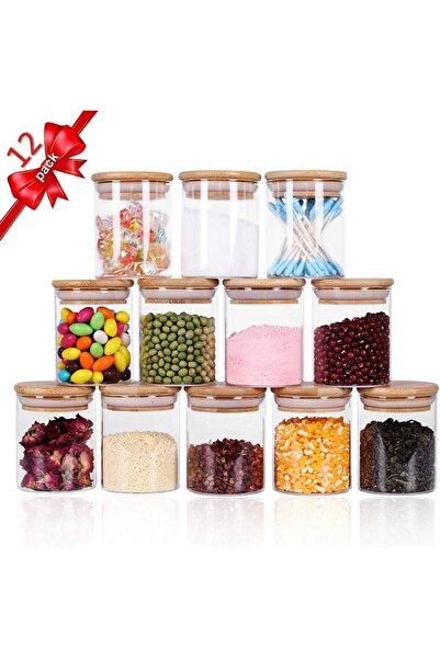 erorex Glass Jars Set,Upgrade Spice Jars Wood Airtight Lids Labels, 6Oz 12 Piece Small Food Storage