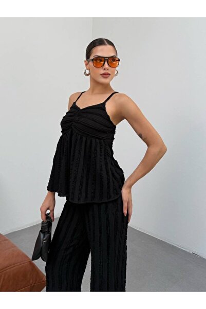 Modayakamoz Women's Black Textured Strap Top and Wide Leg Pants 2-Piece Set