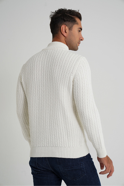 Trist Star Trist Star Men's Bone Short Zippered Selanik Hair Braided Standing Collar Wool Sweater Trist-5350