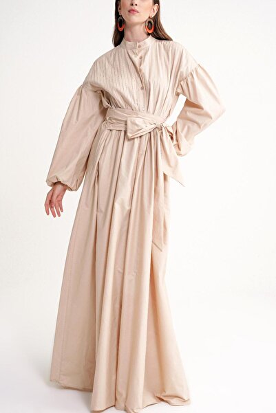 SOCIETA Bej Özel dikiş detaylı bol kesim elbise 94654