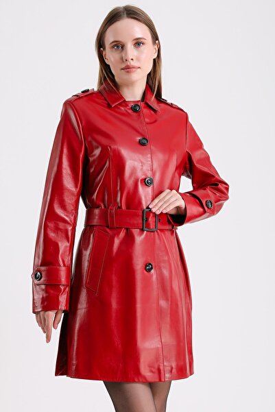 MQ Leather Maroquin Leather Sabrina Kadın Kırmızı Deri Pardösü