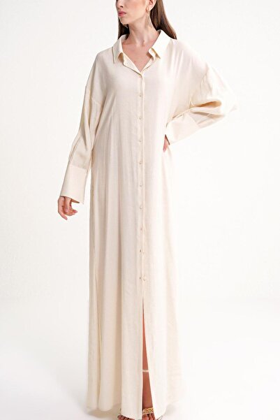 SOCIETA Ekru Arkası bağcık detaylı gömlek elbise 94579