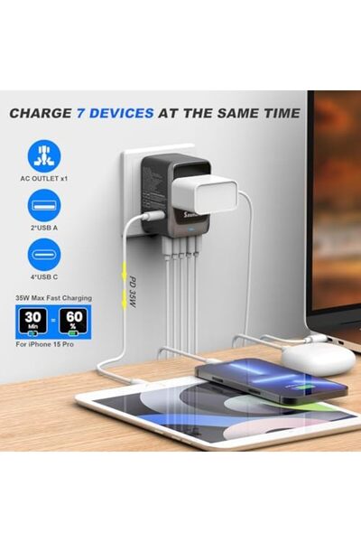 Generic محول سفر عالمي من SAUNORCH، محول طاقة دولي 7 في 1 PD 35 واط مع 4 منافذ USB-C 7.0A