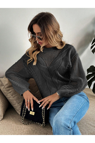 AQE FASHION Women's Openwork Sleeves Collar Mesh Pattern Crew Neck Hair Knit Sweater Anthracite