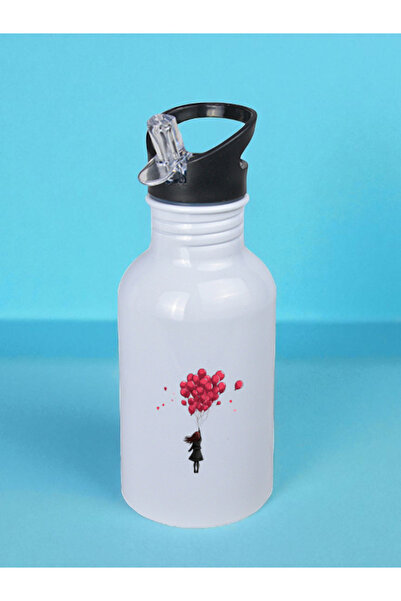 lili hediyelik Girl with Balloons Printed Water Bottle 600 ml - Sports Water Bottle, Large Water Bottle, Sports Bottle, Sports Water Bottles