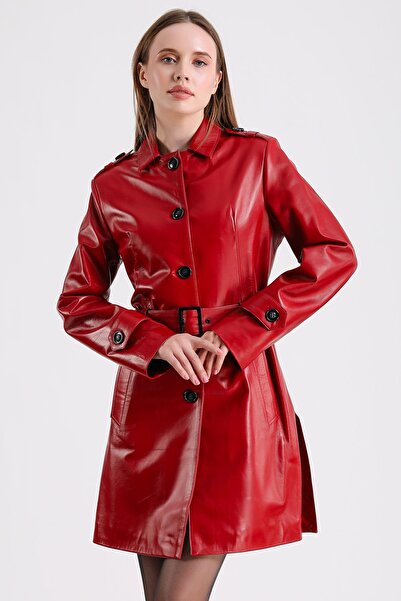 MQ Leather Maroquin Leather Sabrina Kadın Kırmızı Deri Pardösü