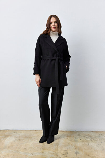 KENT Kuşaklı Siyah Kısa Kaban