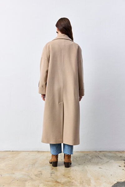 KENT Oversize Light Beige Long Coat with Belted Self-Textured Fabric