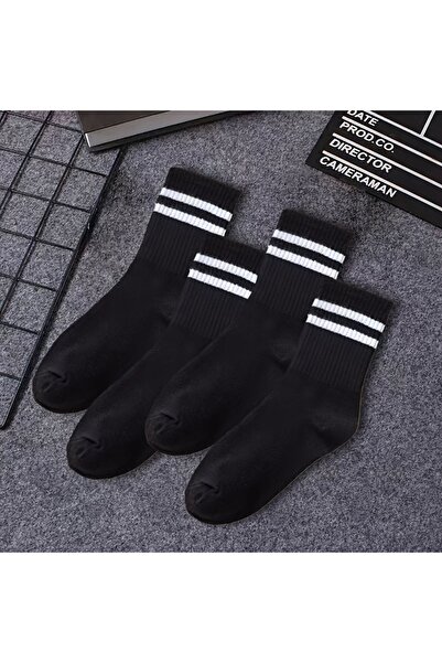 çorapmanya 4 Çift Kadın Siyah Beyaz Çizgisiz Kolej Tenis Çorap