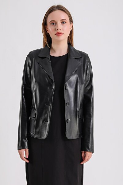 MQ Leather Maroquin Leather Anna Kadın Siyah Deri Blazer Ceket