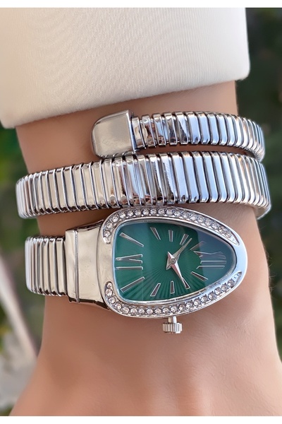 Merand Silver Color Green Dial Snake Watch, Wrap Around Watch, Women's Wristwatch