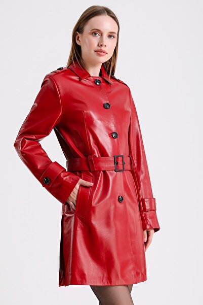 MQ Leather Maroquin Leather Sabrina Kadın Kırmızı Deri Pardösü