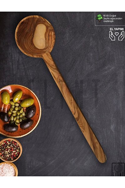 İKRARR İkrar Ahşap 35 cm El Yapımı Zeytin Ağacı Yuvarlak Kepçe Tahta Kepçe
