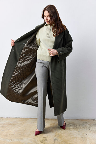 KENT Oversize Green Long Coat with Belt, Self-Textured Fabric
