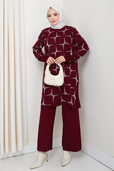 Kirazgym Sparkle Pattern Steel Knitted Comfortable Fit Women's Tunic and Pants Hijab Knitwear Set