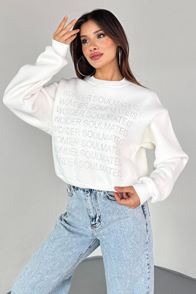 Cappmoda Swt-231 White Wonder Soulmate Is Stone Letter Printed Sweatshirt