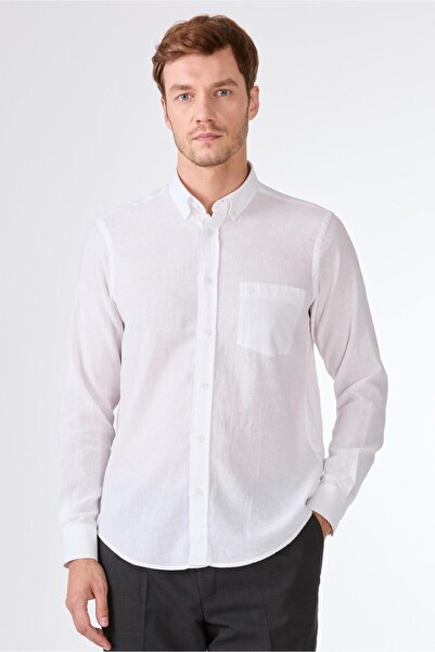 Dufy Beyaz Keten Cep Detaylı Regular Fit Erkek Gömlek