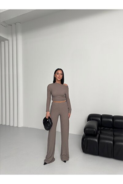 BEJNA Women's Bubble Boat Neck One Shoulder Crop Blouse Bottom Top Set