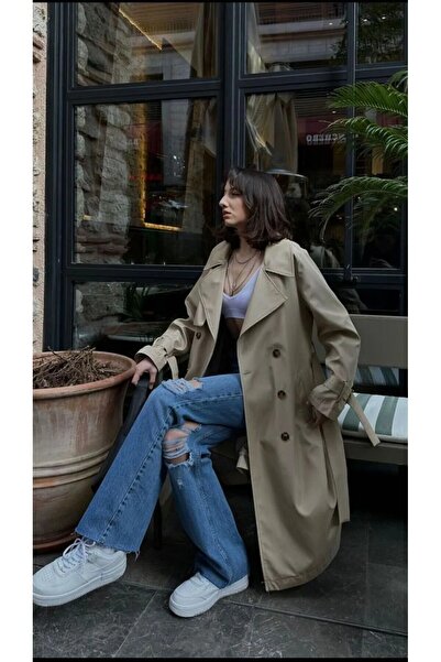 MODAF Düğmeli Kemerli Rüzgarlıklı Taş Rengi Trençkot