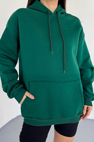 Cappmoda Swt-197 Green Hooded Basic Sweatshirt with Kangaroo Pocket