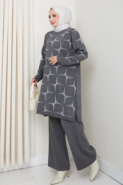 Kirazgym Sparkle Pattern Steel Knitted Comfortable Fit Women's Tunic and Pants Hijab Knitwear Set
