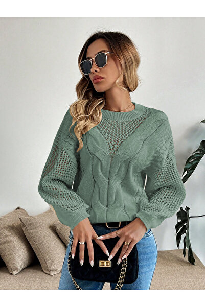 AQE FASHION Tricotaj pentru femei cu mâneci ajurate, cu model din plasă, cu gât cu decolteu, pulover din tricot, mentă