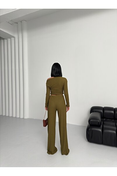 BEJNA Women's Bubble Boat Neck One Shoulder Crop Blouse Bottom Top Set