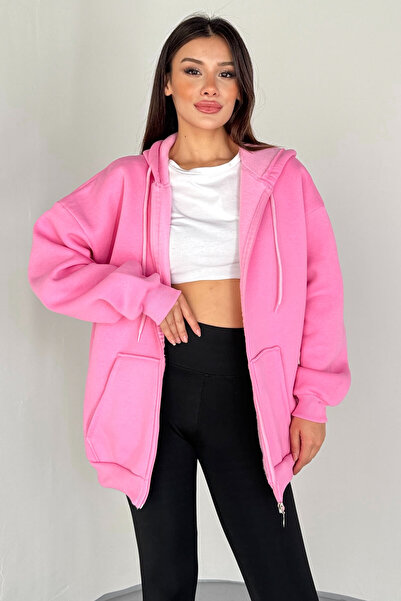 Cappmoda Swt-189 Pink Hooded Full Zipper Kangaroo Pocket Sweatshirt