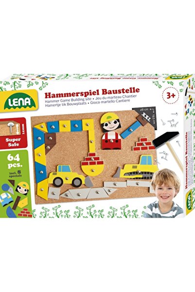 LENA Construction Set with Hammer and Nails Lena, for Kids, 56 Wooden Pieces, 8 Printed Shapes, and Acces