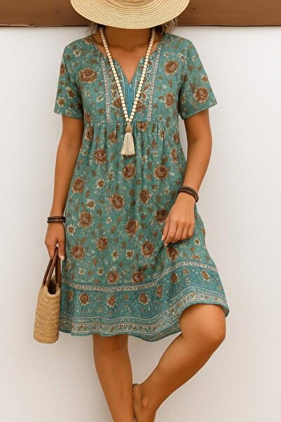 Bijuterria فستان نسائي قصير الأكمام بياقة وأزرار أمامية وأزرار أمامية وطبعة ك...