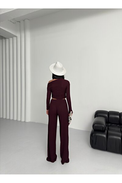 BEJNA Women's Bubble Boat Neck One Shoulder Crop Blouse Bottom Top Set