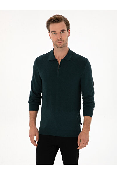 Cacharel Koyu Yeşil Regular Fit Yün Karışımlı Fermuarlı Polo Yaka Triko Kazak...