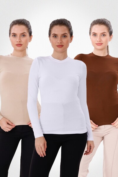 Yade Fashion Kadın Uzun Kollu Bisiklet Yaka Body 3’lü Set – Kahverengi Ekru B...