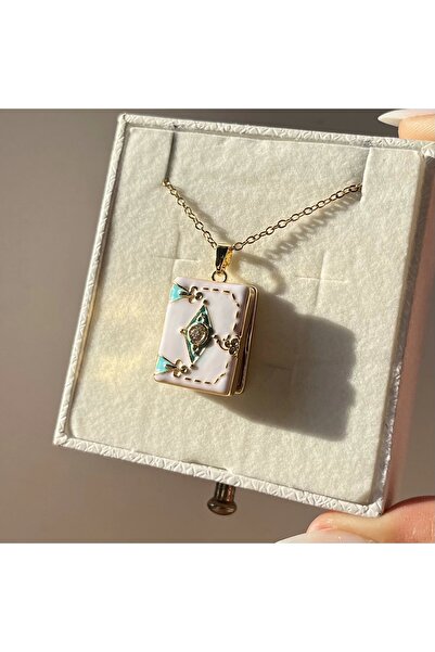 Vintagezegeni Çİft Fotoğraflı Beyaz Mineli Kitap Kapaklı Kolye (1,8 cm)