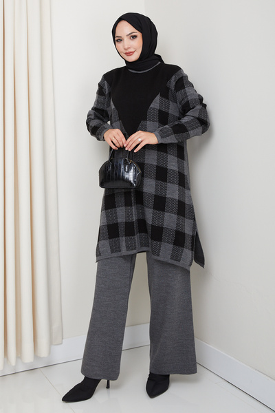 Kirazgym Plaid Pattern Steel Knit Comfortable Fit Women's Tunic and Trouser Knitwear Set
