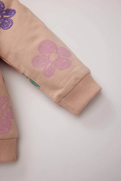 DeFacto E0200 Pink Baby Girl 2-Piece Set Floral Crew Neck Sweatshirt with Elastic Waist Spanish Pants