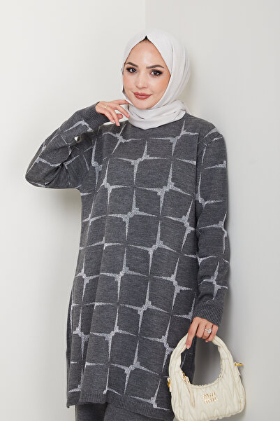 Kirazgym Sparkle Pattern Steel Knitted Comfortable Fit Women's Tunic and Pants Hijab Knitwear Set