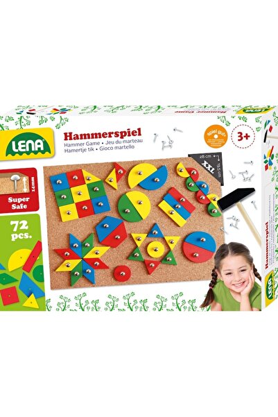 LENA Set forme cu ciocan si cuie Lena, pentru copii, 72 piese din lemn, 9 forme imprimate si accesorii