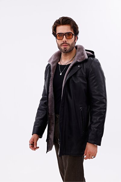Metins Leather Erkek Kapüşonlu Kışlık Hakiki Deri Ceket 1031Jumbo