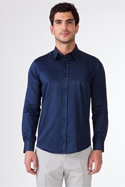 Dufy Lacivert Erkek Slim Fit Düz Düğmeli Yaka Uzun Kol Gömlek