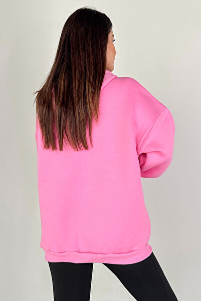 Cappmoda Swt-189 Pink Hooded Full Zipper Kangaroo Pocket Sweatshirt