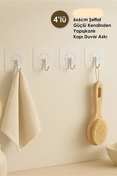TUMU LIFE Pratik 4 Adet 6x6cm Şeffaf Güçlü Kendinden Yapışkanlı Kapı Duvar As...