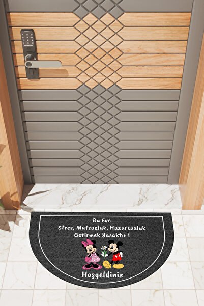 Dormot Yüksek Kaliteli Dijital Baskı Siyah, Minnie,Mickey temalı D Kapı Önü Paspası