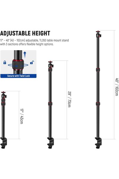 NEEWER Extendable Camera Desk Mount, 17–40" Telescopic C-Clamp Stand with 1/4" Ball Head (Max 3kg)
