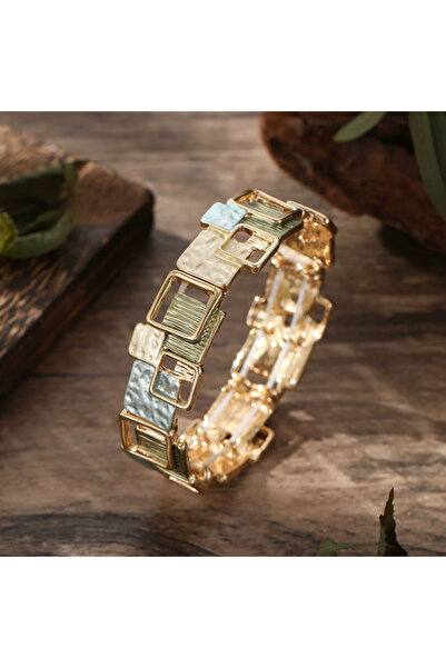 İnci Mercan Bujiteri Renkli Yağlı Boya Geometrik Kare Mineli Takı Seti ( Bileklik - Kolye - Küpe)