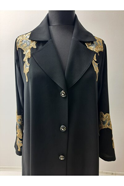 MYMİSİY فستان أسود عالي الجودة من قماش الكريب السميك مع تفاصيل من الترتر وتفا...