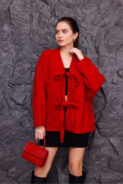 Moda Palmiss Women's Red Lace-Up Detailed Boucle Fabric Oversized Kimono