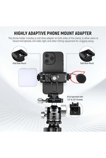 NEEWER Metal Phone Tripod Mount Adapter with Arca QR Base, Cold Shoe, 360° Swivel 180° Tilt