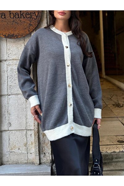 Lamierra Double Color Detailed Oversized Women's Knitwear Cardigan