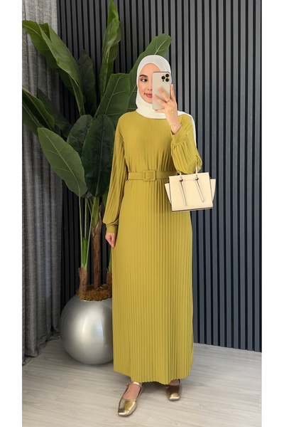 altay boncuk Sandy Pliseli Kemerli Elbise